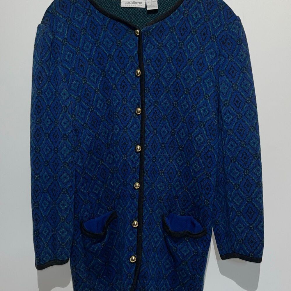 Liz Claiborne Women's Blue‎ Geometric Gold Button Front Oversized Cardigan Large